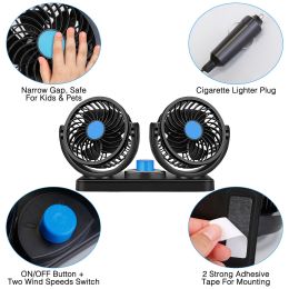 12V Car Fan 360Â° Rotatable Dual Head Cooling Air Fan Quiet Vehicle Dash Mounting Fan with 2 Speeds Cigarette Lighter Plug